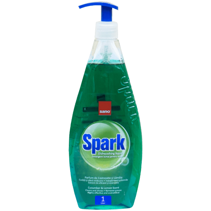 Detergent lichid pentru vase Sano Spark castravete, 1 litru, cu pompiță